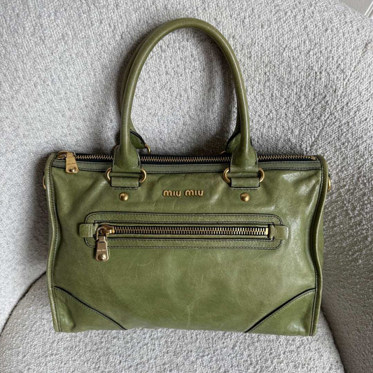 Miu Miu Vitello Shine Green Leather Handbag