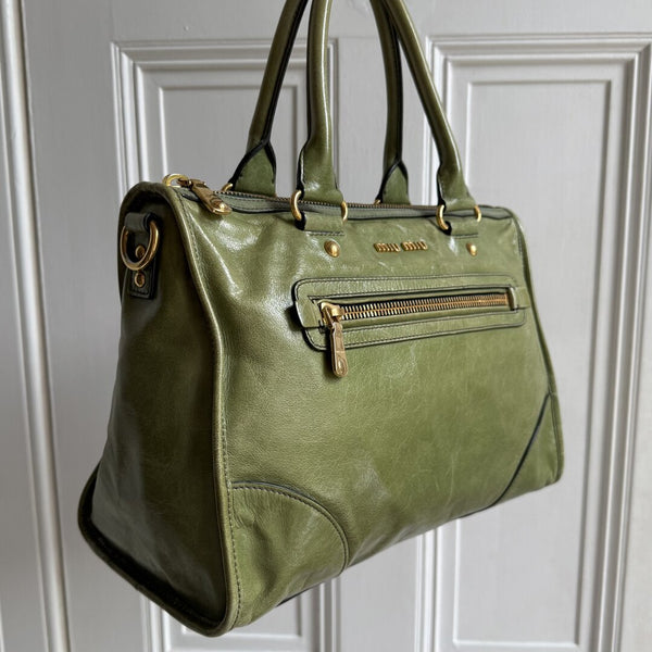 Miu Miu Vitello Shine Green Leather Handbag