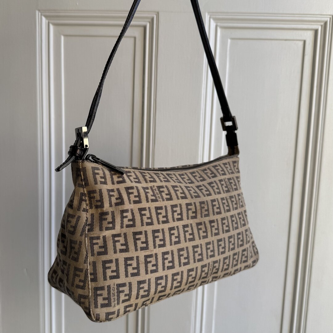 Fendi Zucchino Canvas Beige Shoulder Bag
