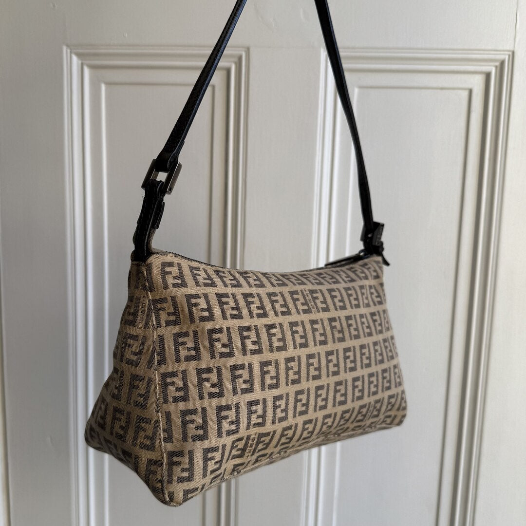 Fendi Zucchino Canvas Beige Shoulder Bag