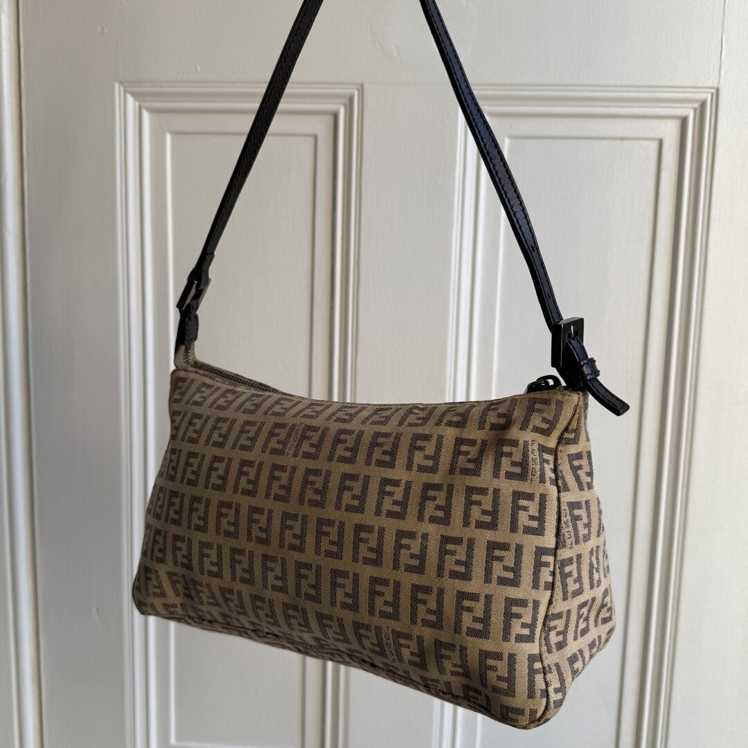 Fendi Zucchino Canvas Beige Shoulder Bag
