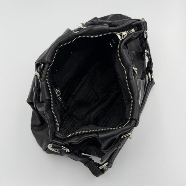 Prada Hobo Pleated Black Leather Shoulder Bag