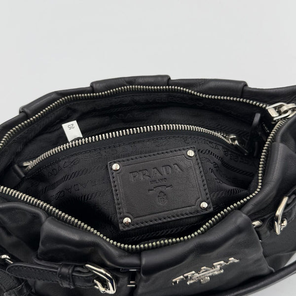 Prada Hobo Pleated Black Leather Shoulder Bag