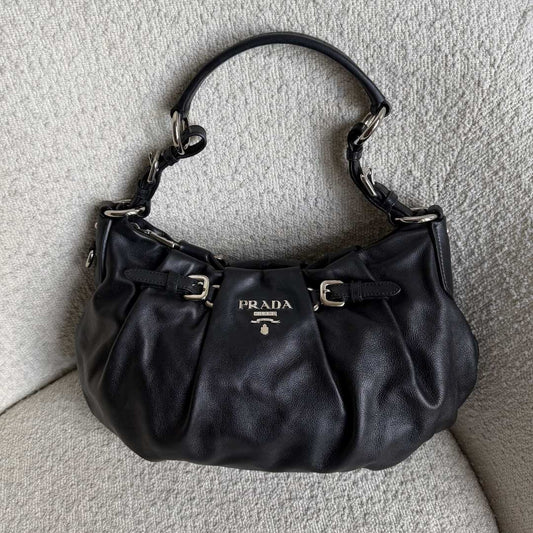 Prada Hobo Pleated Black Leather Shoulder Bag