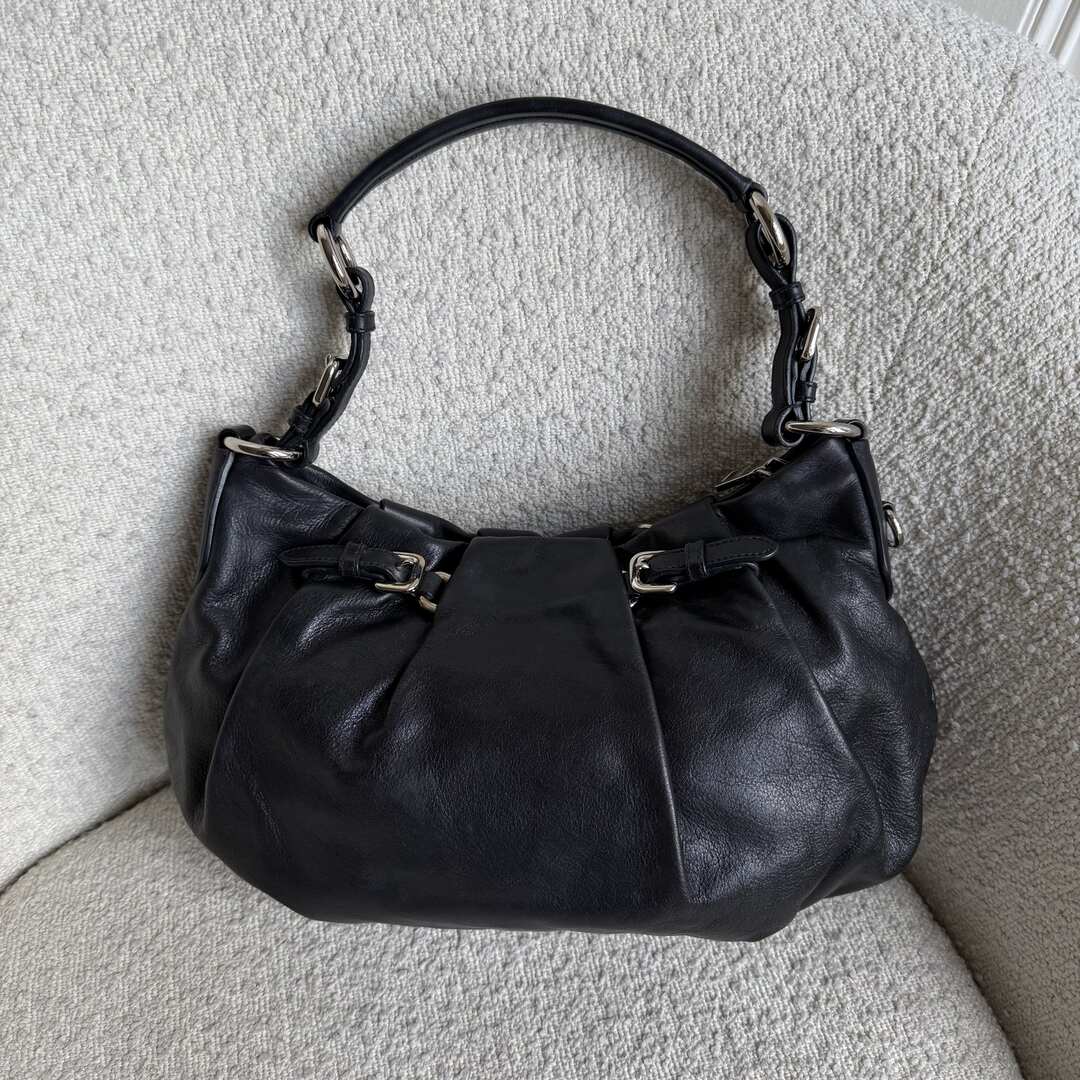 Prada Hobo Pleated Black Leather Shoulder Bag