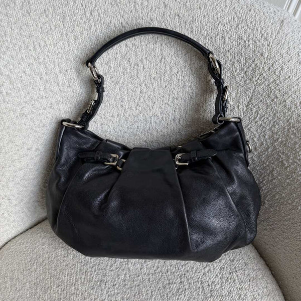 Prada Hobo Pleated Black Leather Shoulder Bag