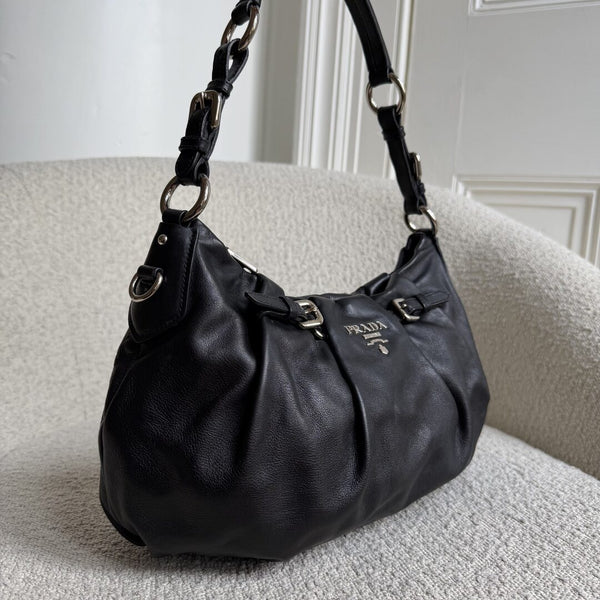 Prada Hobo Pleated Black Leather Shoulder Bag