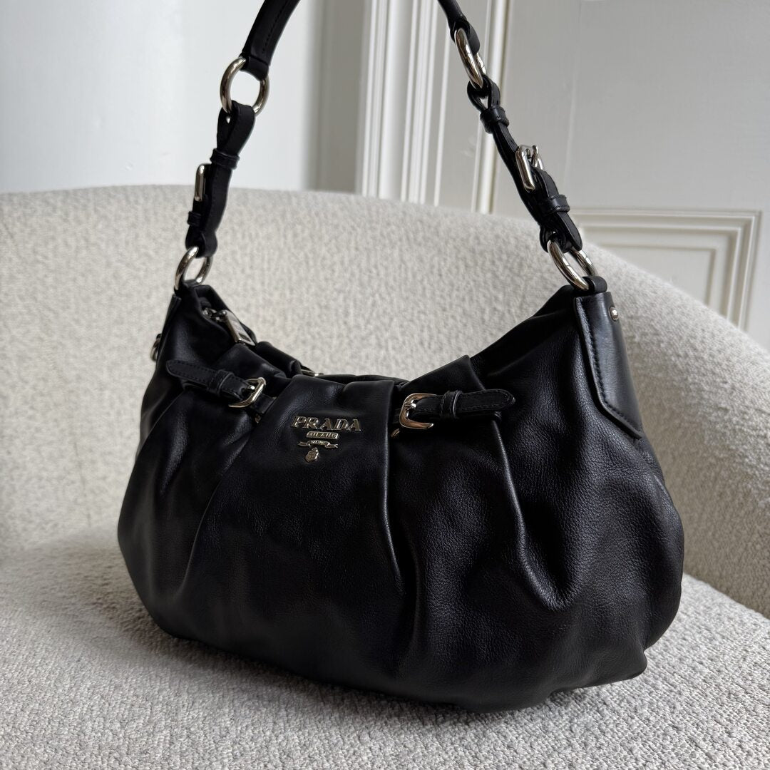 Prada Hobo Pleated Black Leather Shoulder Bag