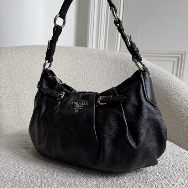 Prada Hobo Pleated Black Leather Shoulder Bag