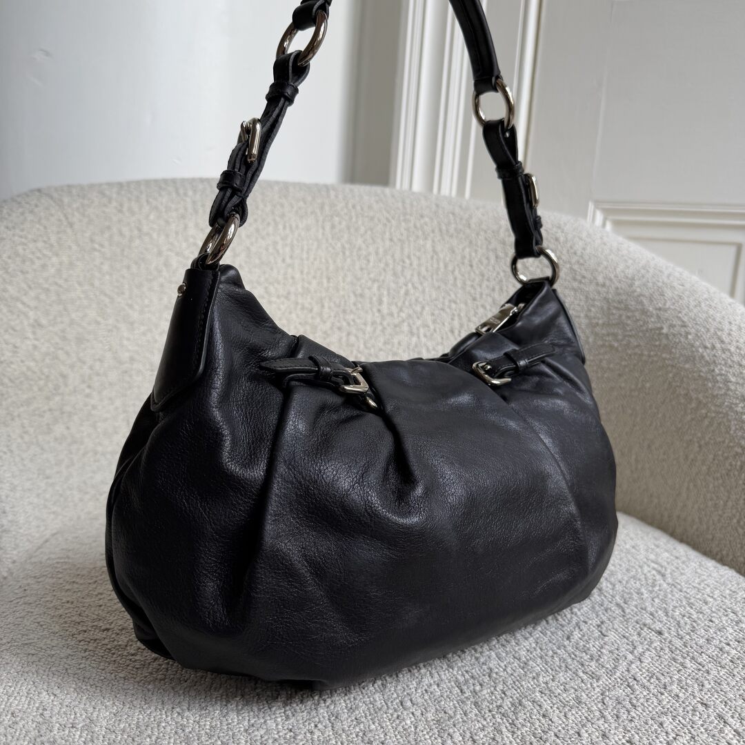 Prada Hobo Pleated Black Leather Shoulder Bag