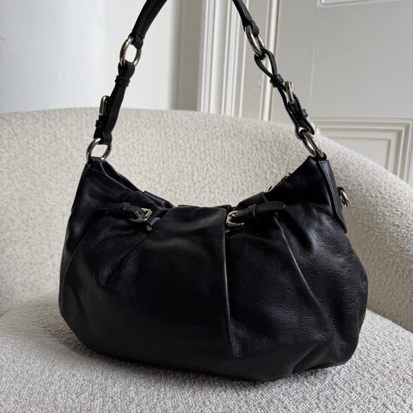 Prada Hobo Pleated Black Leather Shoulder Bag