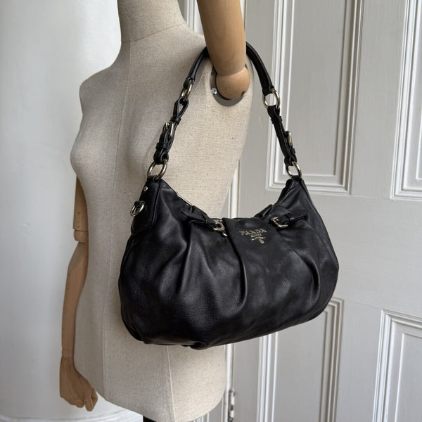 Prada Hobo Pleated Black Leather Shoulder Bag