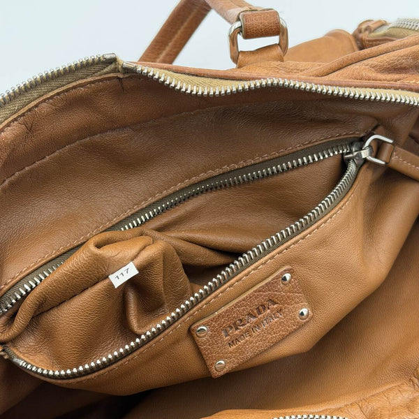 Prada Washed Bauletto Caramel Brown Leather Shoulder Bag