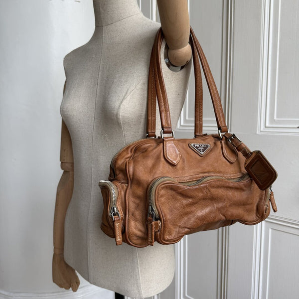 Prada Washed Bauletto Caramel Brown Leather Shoulder Bag