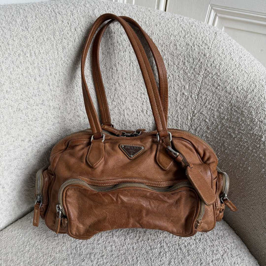 Prada Washed Bauletto Caramel Brown Leather Shoulder Bag