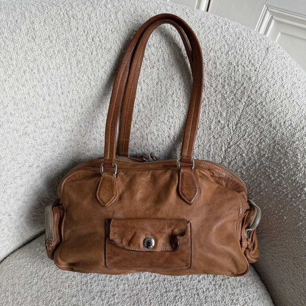 Prada Washed Bauletto Caramel Brown Leather Shoulder Bag