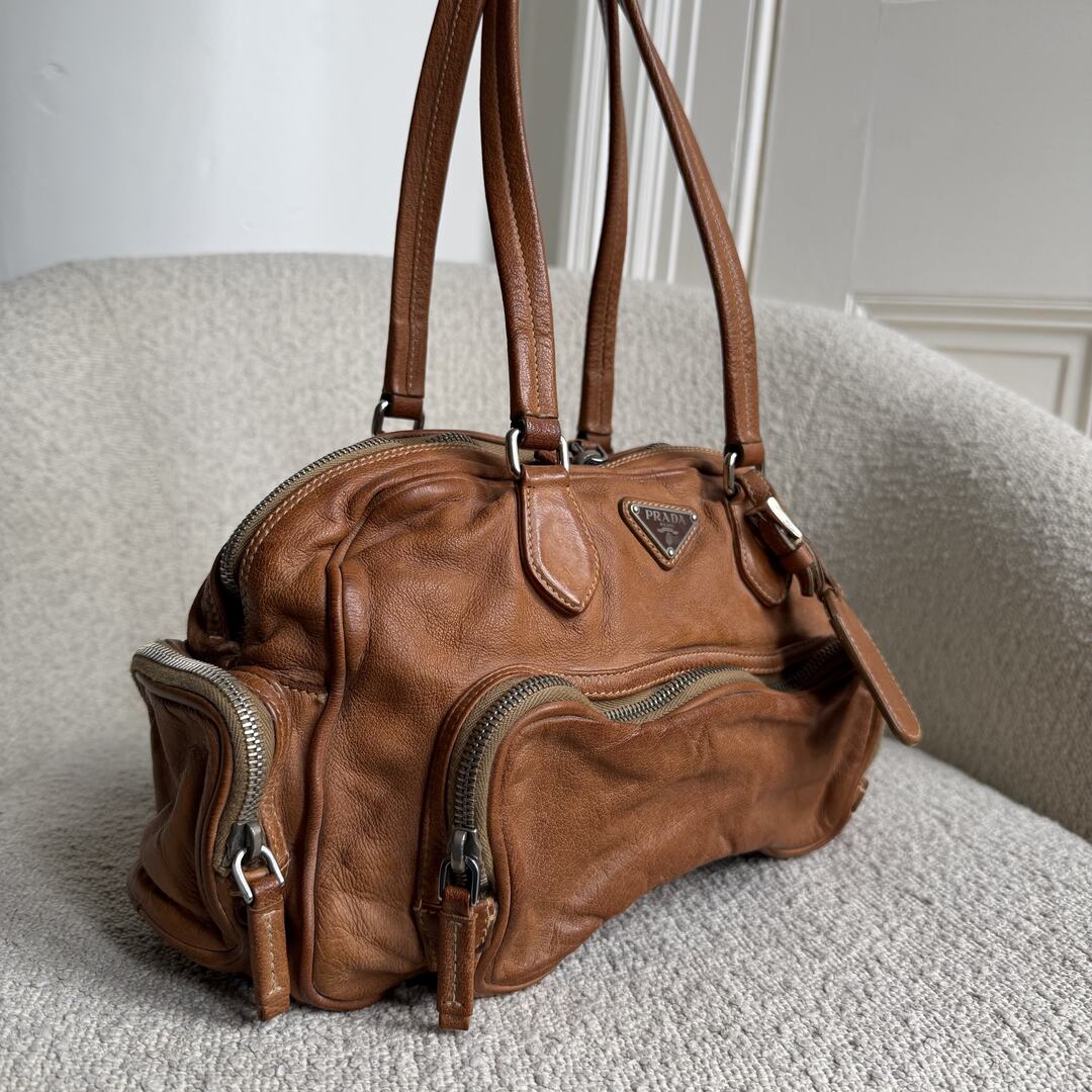 Prada Washed Bauletto Caramel Brown Leather Shoulder Bag