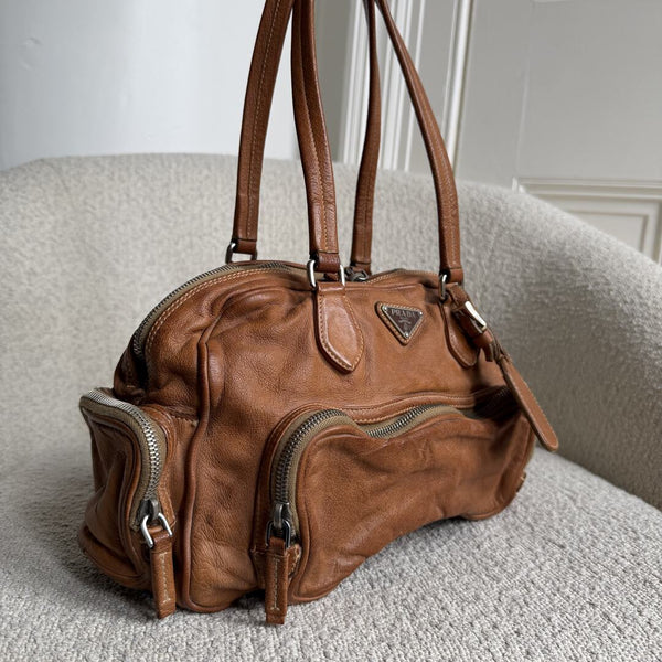 Prada Washed Bauletto Caramel Brown Leather Shoulder Bag