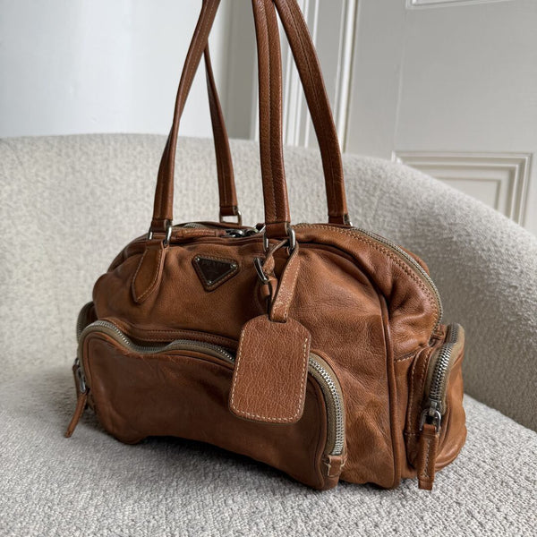Prada Washed Bauletto Caramel Brown Leather Shoulder Bag