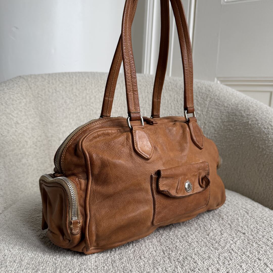 Prada Washed Bauletto Caramel Brown Leather Shoulder Bag