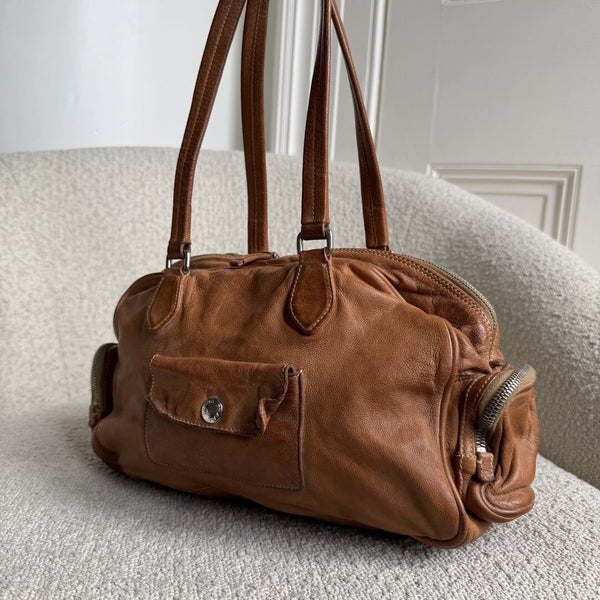 Prada Washed Bauletto Caramel Brown Leather Shoulder Bag