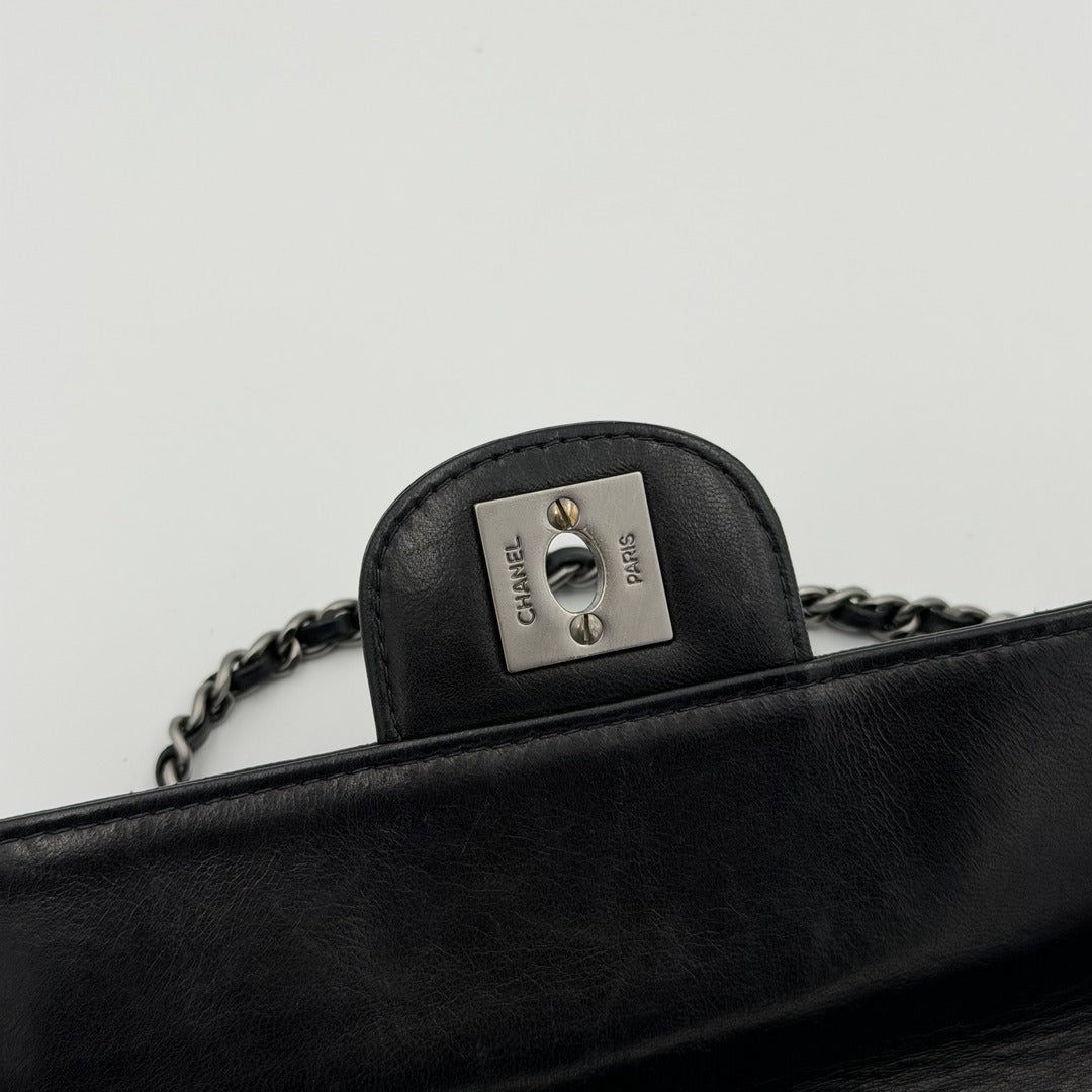 2000 Chanel East West Chocolate Bar Black Leather Flap Shoulder Bag