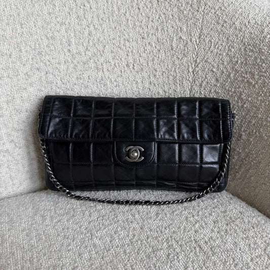 2000 Chanel East West Chocolate Bar Black Leather Flap Shoulder Bag