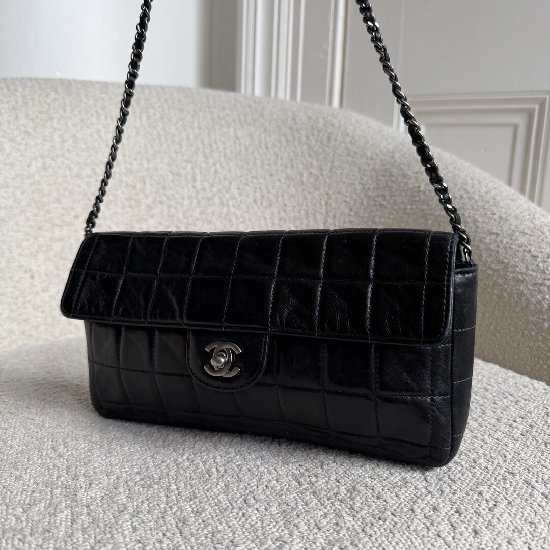 2000 Chanel East West Chocolate Bar Black Leather Flap Shoulder Bag