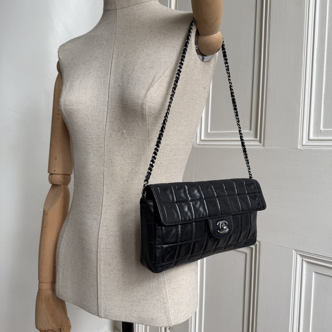 2000 Chanel East West Chocolate Bar Black Leather Flap Shoulder Bag