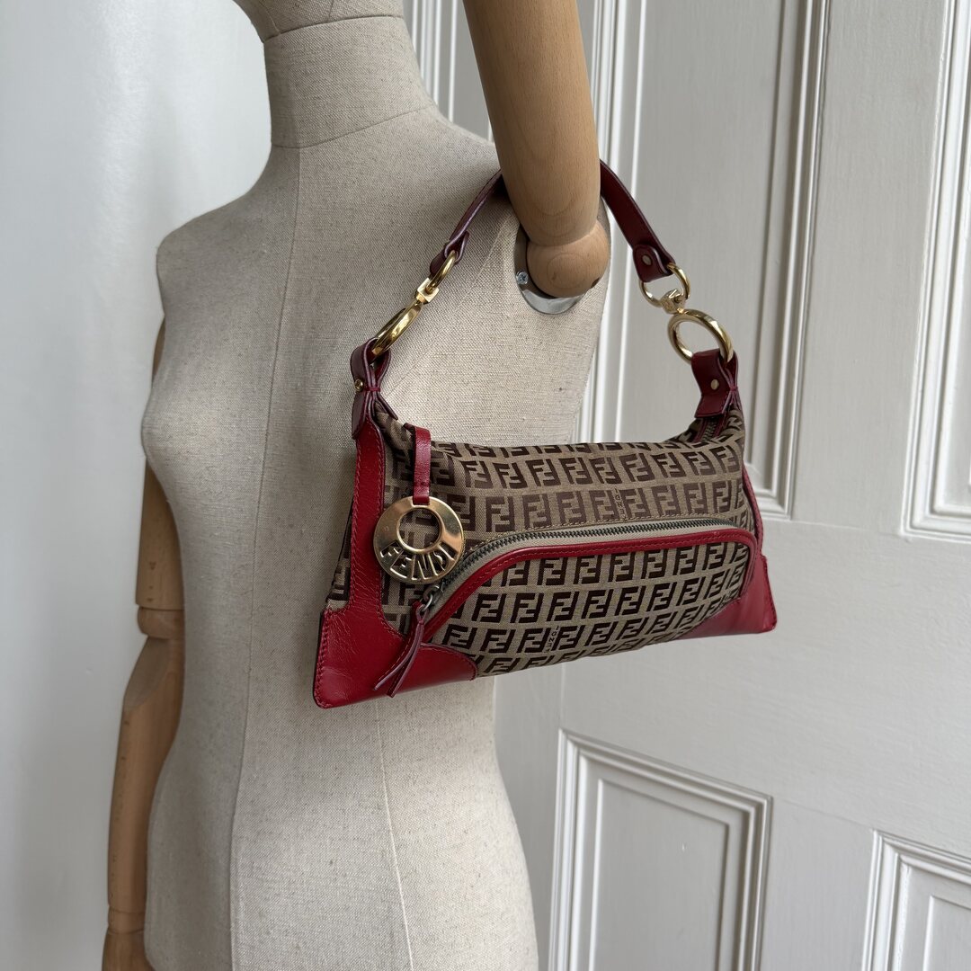 Fendi Zucchino Canvas Chef Red Shoulder Bag