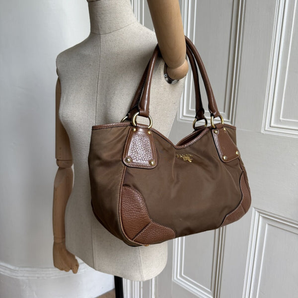 Prada Cervo Shine Brown Nylon Shoulder Bag