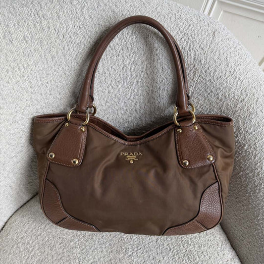 Prada Cervo Shine Brown Nylon Shoulder Bag
