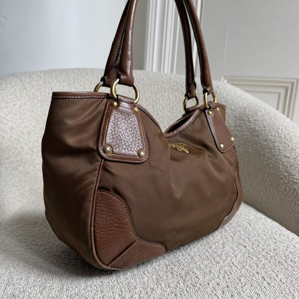 Prada Cervo Shine Brown Nylon Shoulder Bag