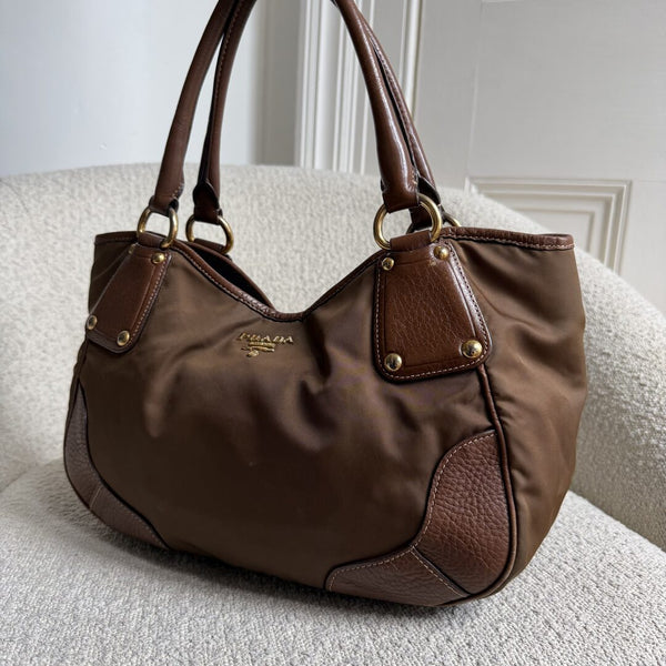 Prada Cervo Shine Brown Nylon Shoulder Bag