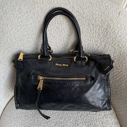 Miu Miu Vitello Shine Black Leather Handbag