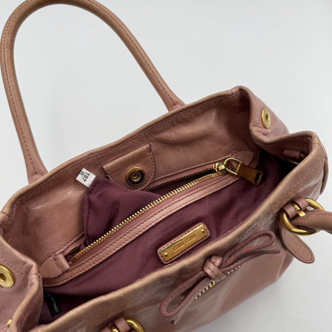 Miu Miu Vitello Bow Baby Pink Leather Handbag