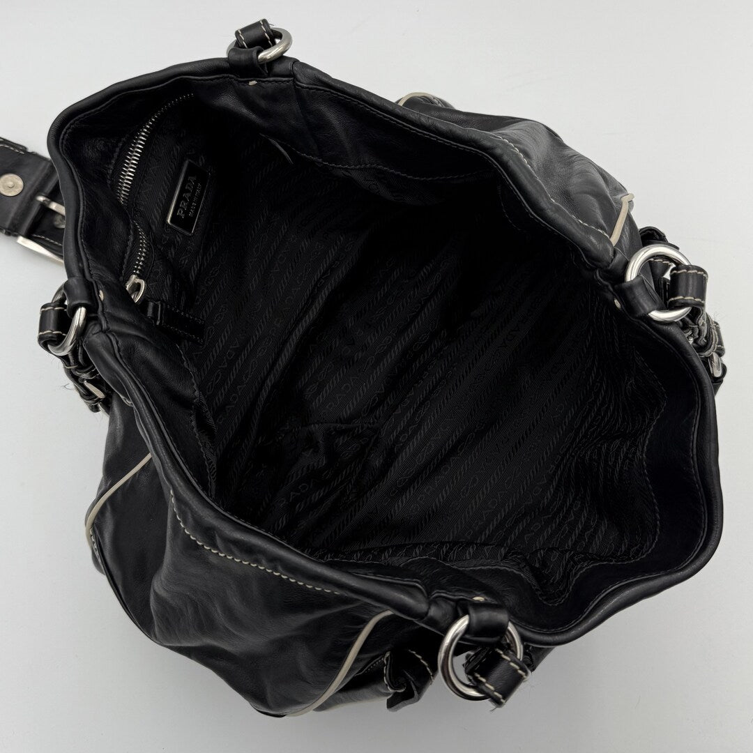 Prada Nappa Black Leather Buckle Shoulder Bag