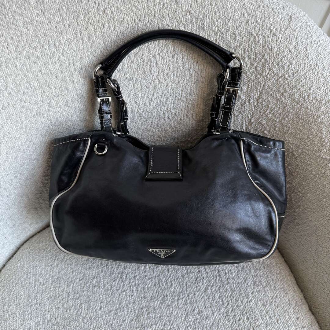 Prada Nappa Black Leather Buckle Shoulder Bag