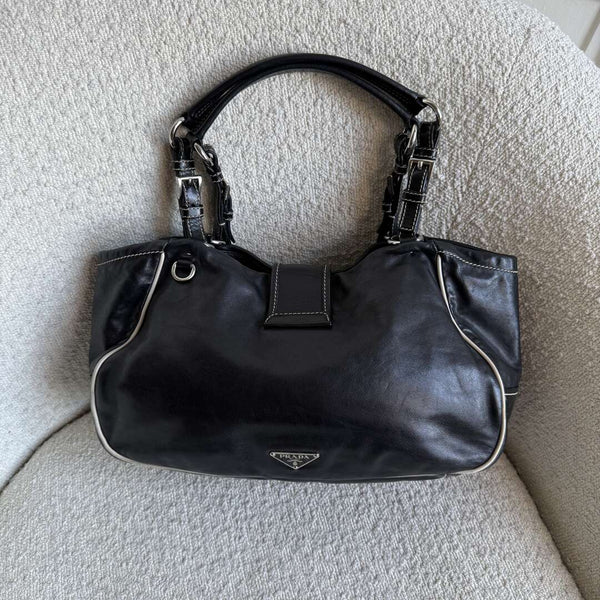 Prada Nappa Black Leather Buckle Shoulder Bag
