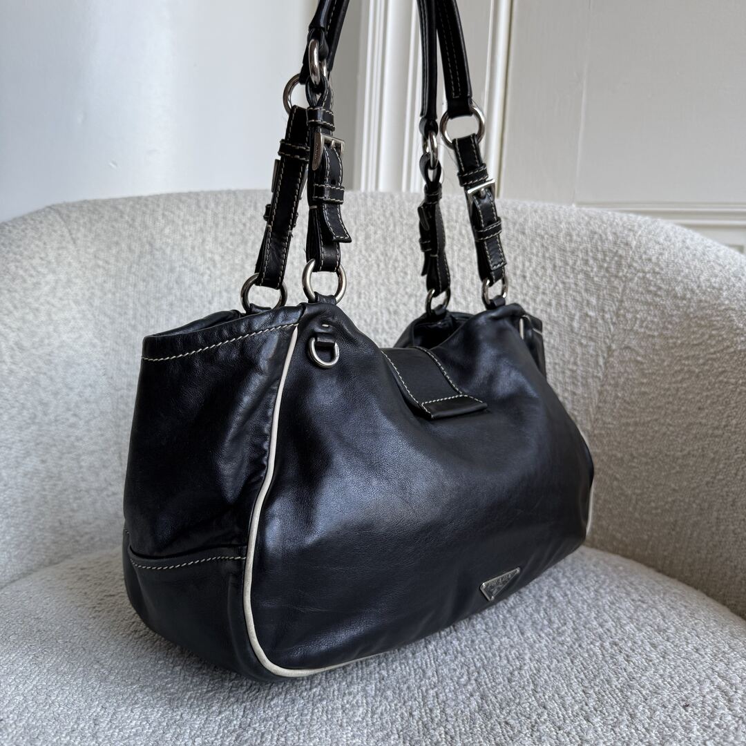 Prada Nappa Black Leather Buckle Shoulder Bag
