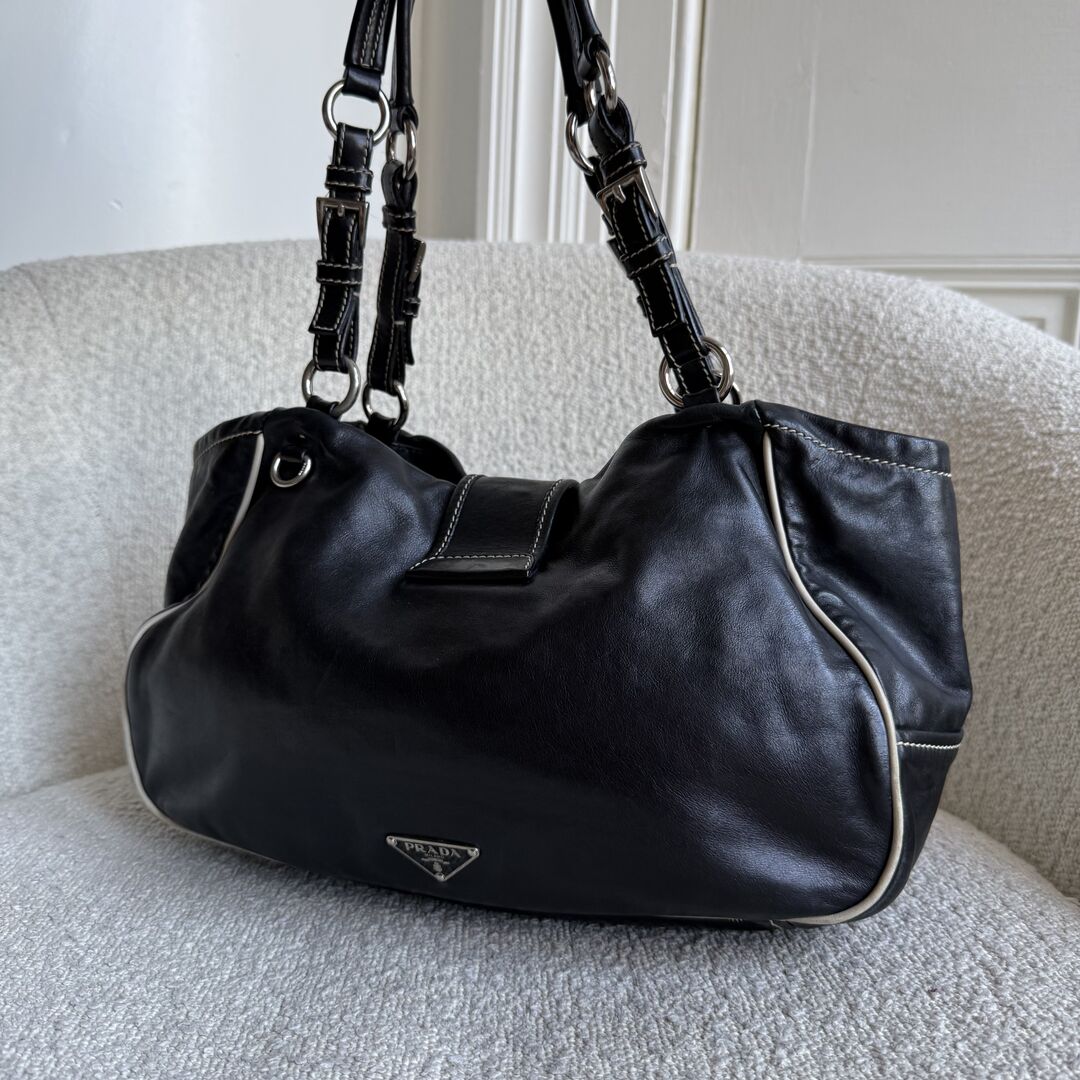 Prada Nappa Black Leather Buckle Shoulder Bag