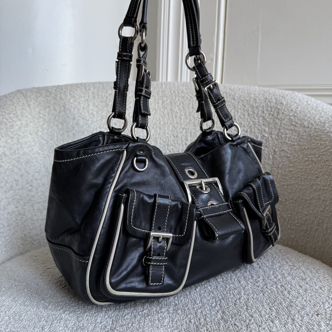 Prada Nappa Black Leather Buckle Shoulder Bag