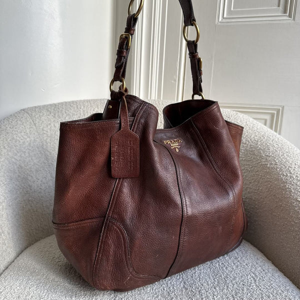 Prada Vitello Daino Brown Leather Large Tote Bag