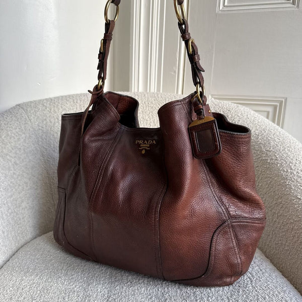 Prada Vitello Daino Brown Leather Large Tote Bag