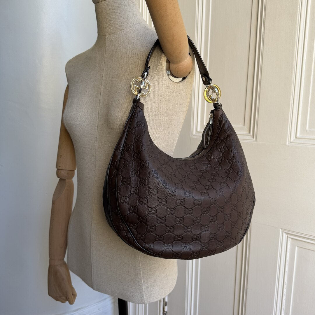 Gucci Guccissima Twins Hobo Brown Leather Shoulder Bag