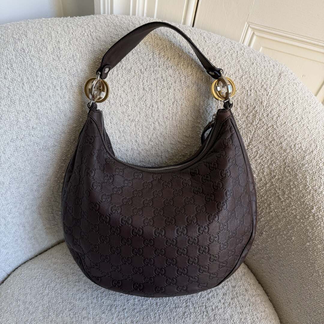Gucci Guccissima Twins Hobo Brown Leather Shoulder Bag