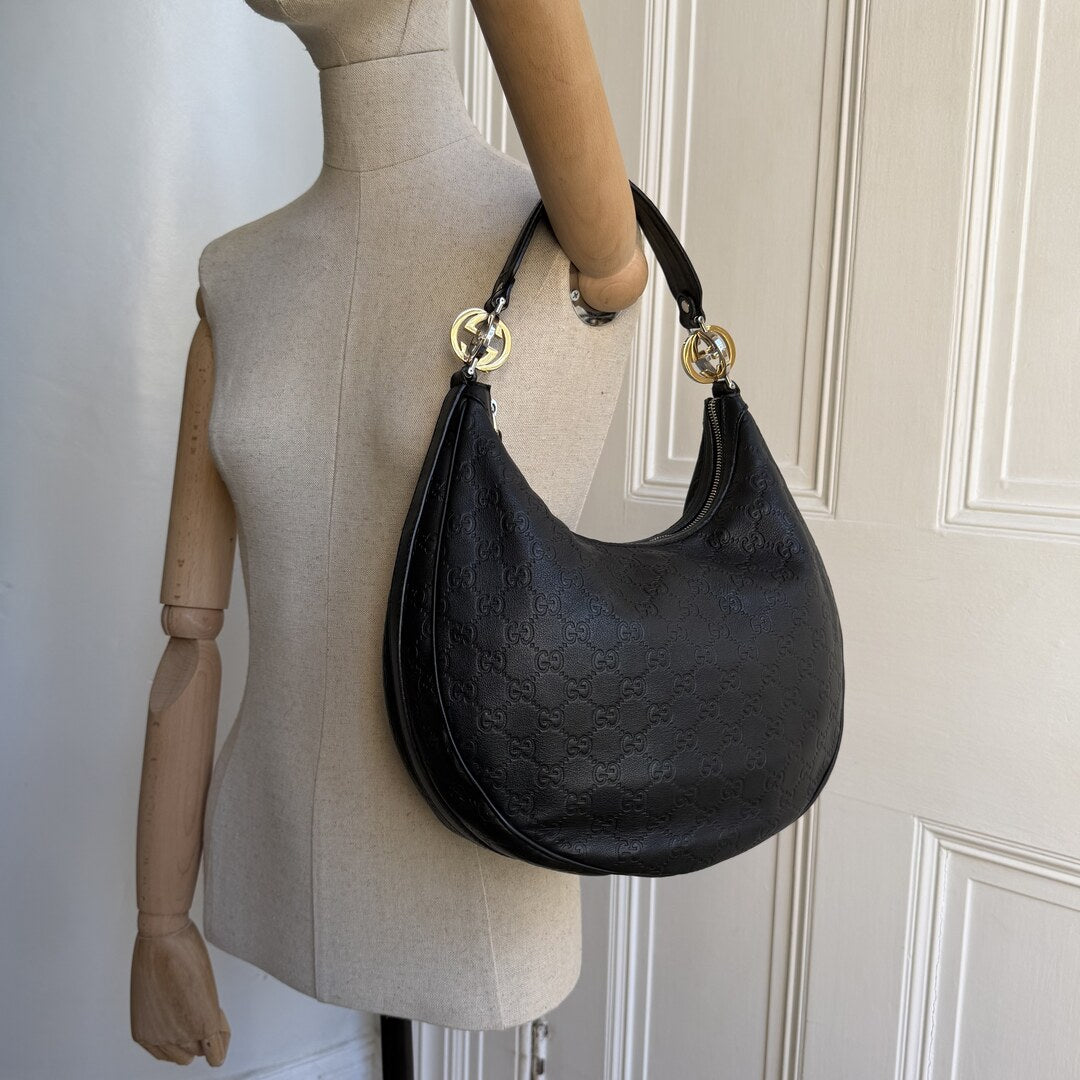 Gucci Guccissima Twins Hobo Black Leather Shoulder Bag
