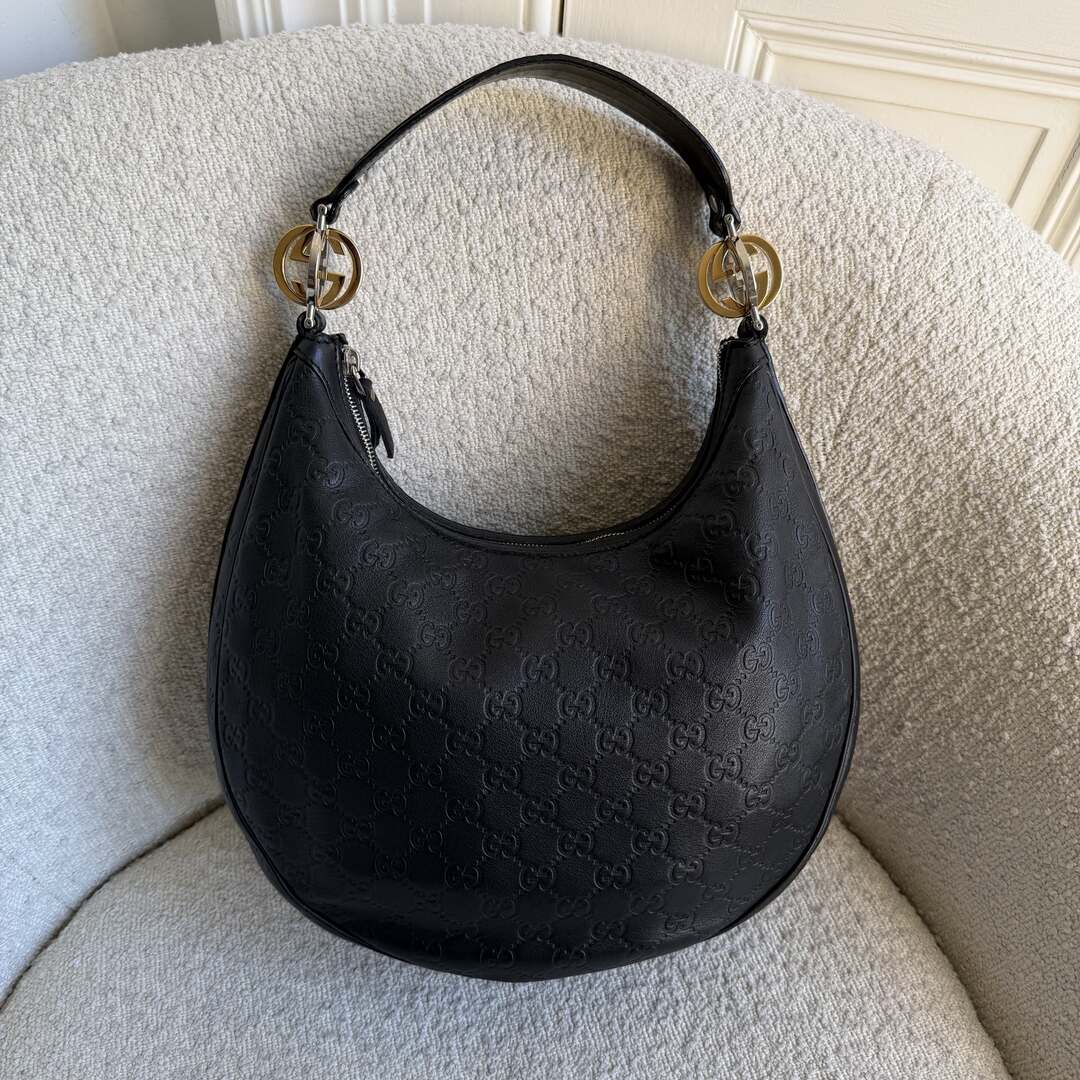 Gucci Guccissima Twins Hobo Black Leather Shoulder Bag