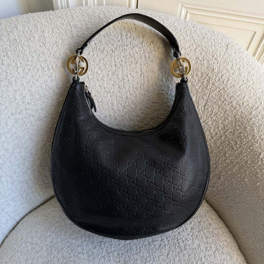 Gucci Guccissima Twins Hobo Black Leather Shoulder Bag