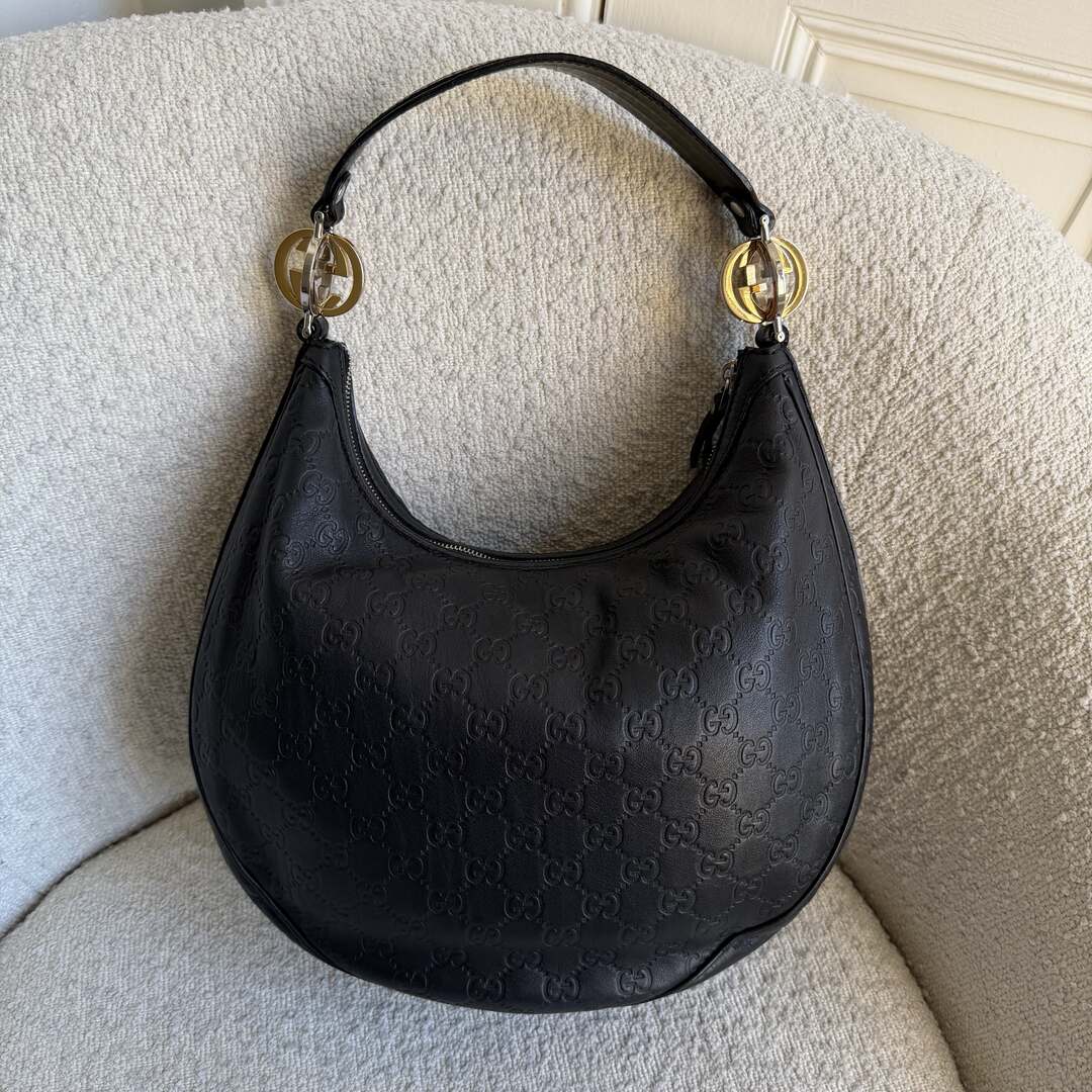 Gucci Guccissima Twins Hobo Black Leather Shoulder Bag